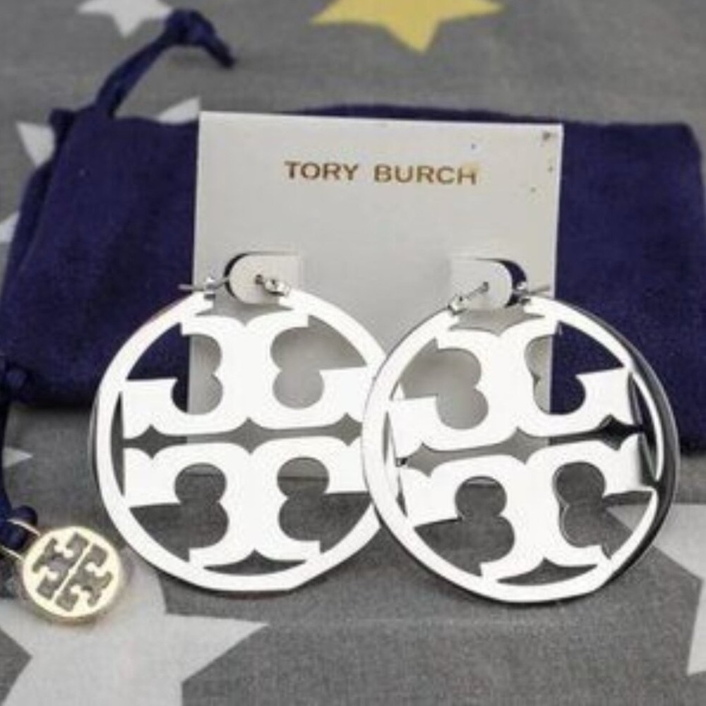 Tory Burch Silver Miller Cutout Logo Earrings